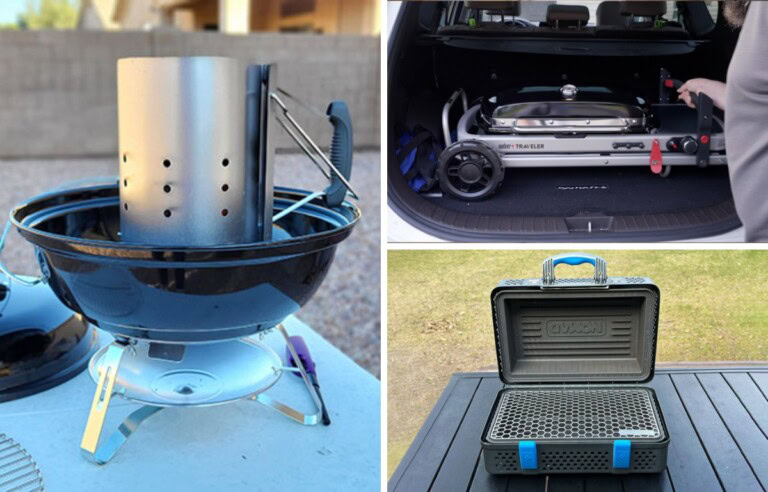 Collage of the best portable grills including a small charcoal kettle with chimney starter, a folded Weber Traveler gas grill in an SUV trunk, and a compact suitcase-style charcoal grill on a picnic table.