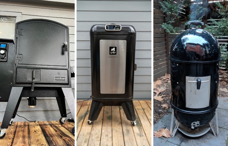 left to right camp chef xxl, grilla mammoth, weber smokey moutain