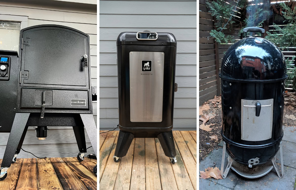 left to right camp chef xxl, grilla mammoth, weber smokey moutain