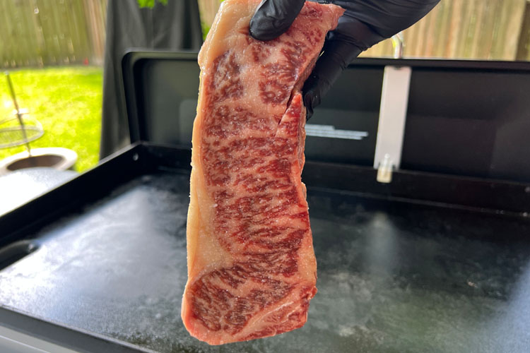 japanese wagyu being held in the air