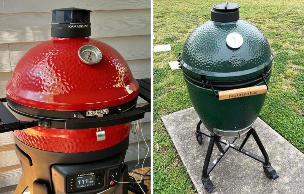 left kamado joe konnected joe grill, right big green egg ceramic grill