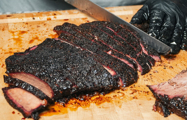 smoked costco brisket being sliced