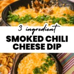 hand dipping chip into smoked chili corn dip with graphic text