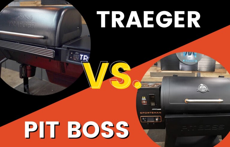 "Side-by-side comparison image of a Traeger pellet grill and a Pit Boss Sportsman pellet grill. The image is split diagonally with 'TRAEGER' written in bold white letters on the top left and 'PIT BOSS' on the bottom right. A large 'VS.' in yellow is positioned in the center, emphasizing the comparison."