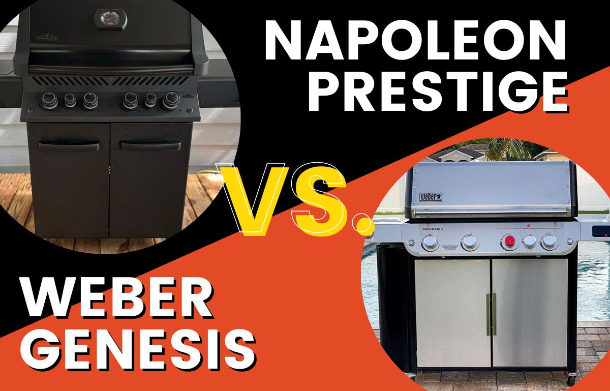 graphic showing weber genesis grill and napoleon prestige with text overlay saying napoleon vs weber