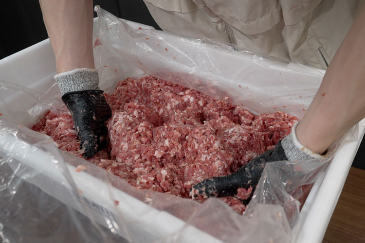 hand mixing raw sausage filling