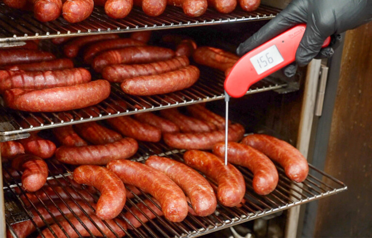 Checking temperature of homemade polish sausage in an electric smoker