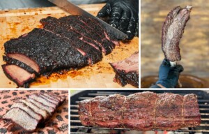 brisket, beef ribs, smoked chuck steak sliced and a whole beef tenderloin on the smoker