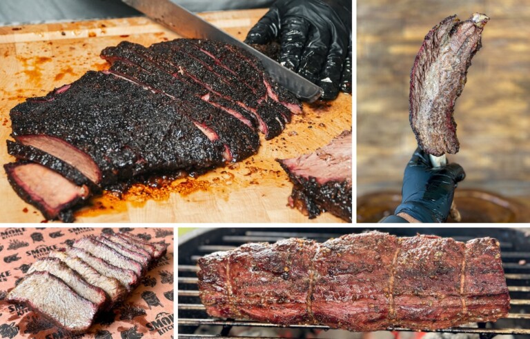 brisket, beef ribs, smoked chuck steak sliced and a whole beef tenderloin on the smoker