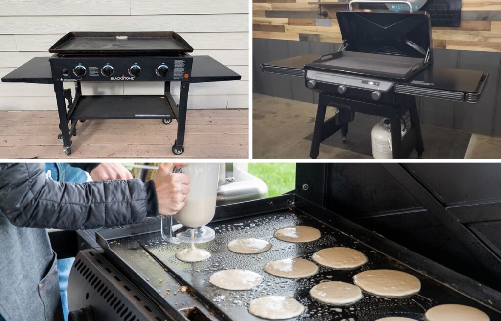 blackstone griddle top left, traeger flatrock top right, pouring pancakes on camp chef gridiron bottom