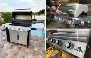 collage showing different stainless steel grills including the weber genesis, grilla primate and the monument mesa
