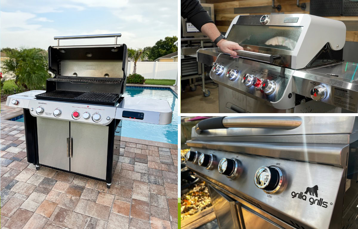 collage showing different stainless steel grills including the weber genesis, grilla primate and the monument mesa