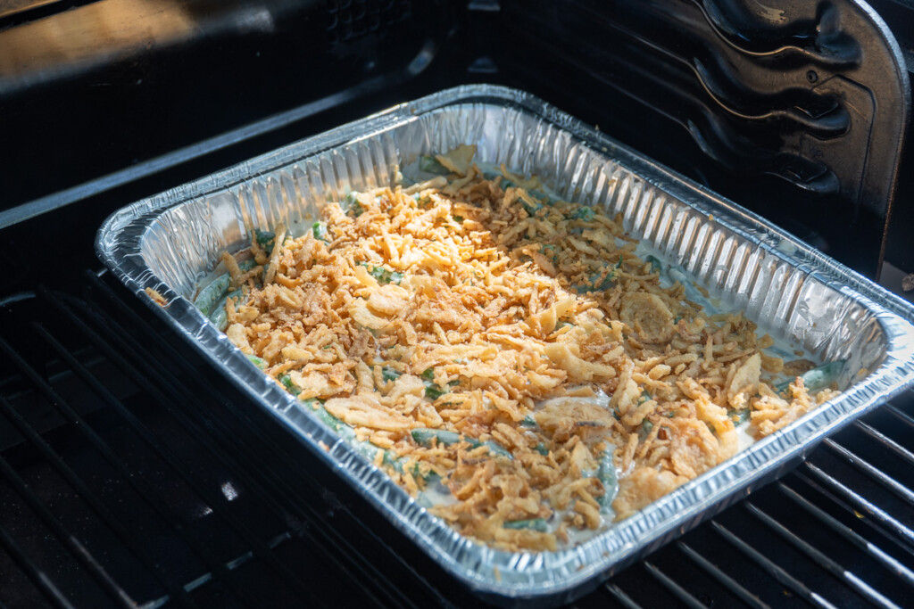 green bean casserole in the smoker