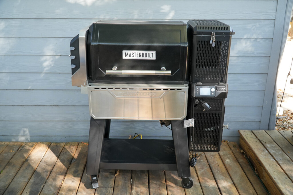 Masterbuilt Gravity XT grill with folded front and side shelves