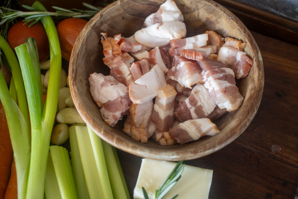 diced bacon in a wooden bowl