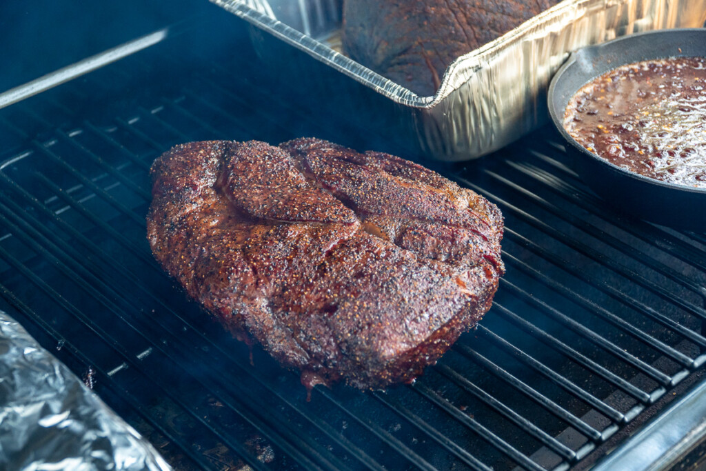 a cooked piece of meat in the smoker