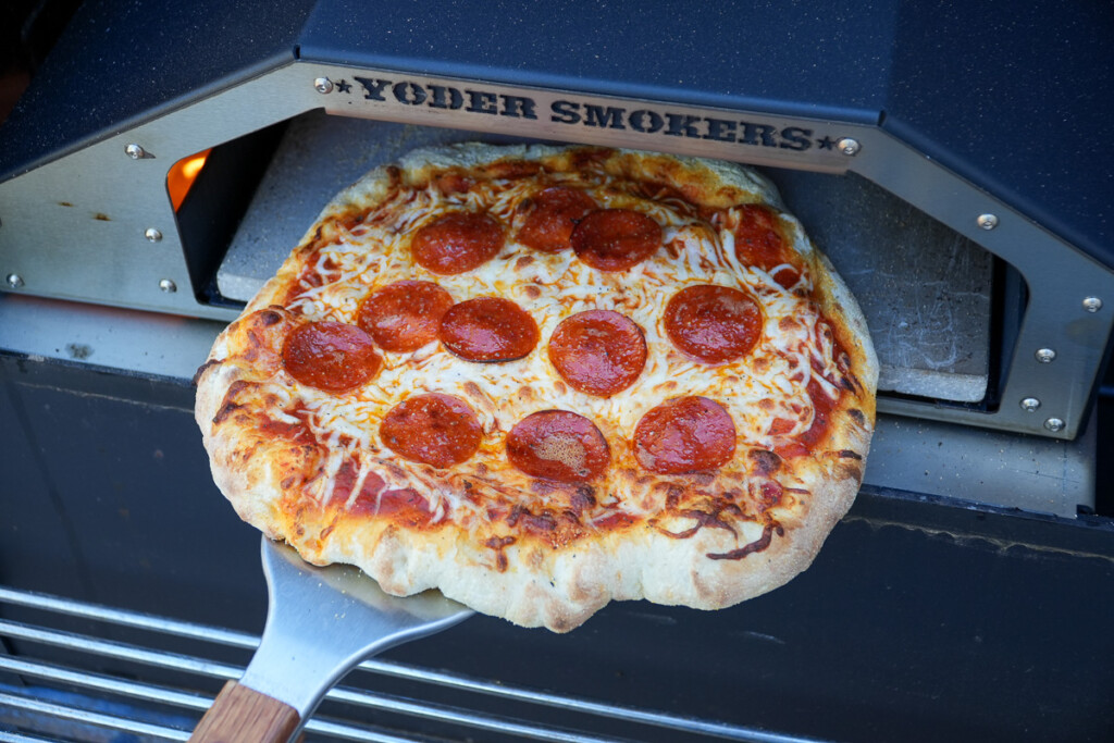 cooked pepperoni pizza from the yoder pizza oven