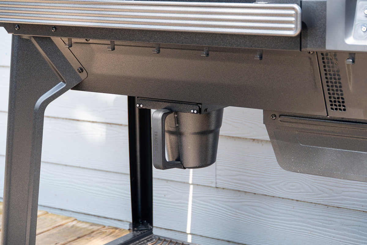 EZ-Clean Grease & Ash Keg installed under the Traeger Woodridge Pro for easy grease and ash collection.