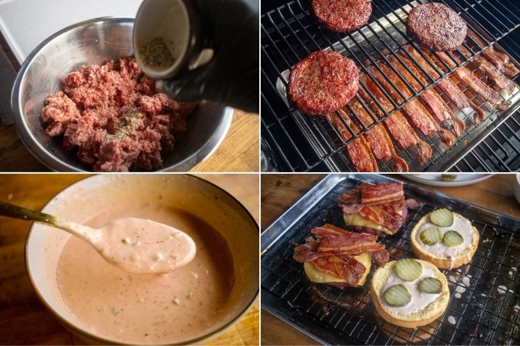 Four-step collage showing the process of making smoked burgers: ground beef in a metal bowl being seasoned with a homemade rub, burger patties and bacon smoking on a grill, a spoon mixing creamy burger sauce in a bowl, and assembled burger buns topped with sauce, pickles, bacon, and cheese ready to be served.