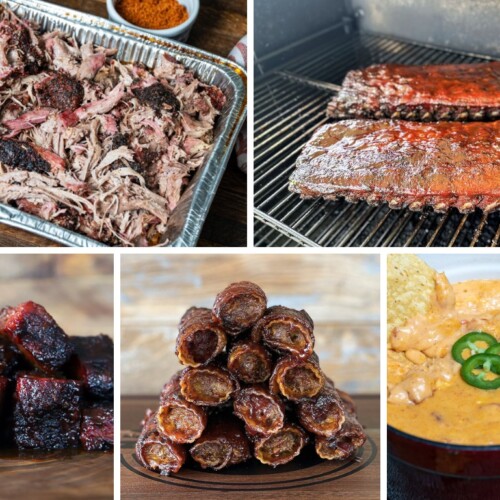 collage of smoker recipes including pulled pork, smoked ribs, brisket burnt ends and queso dip.