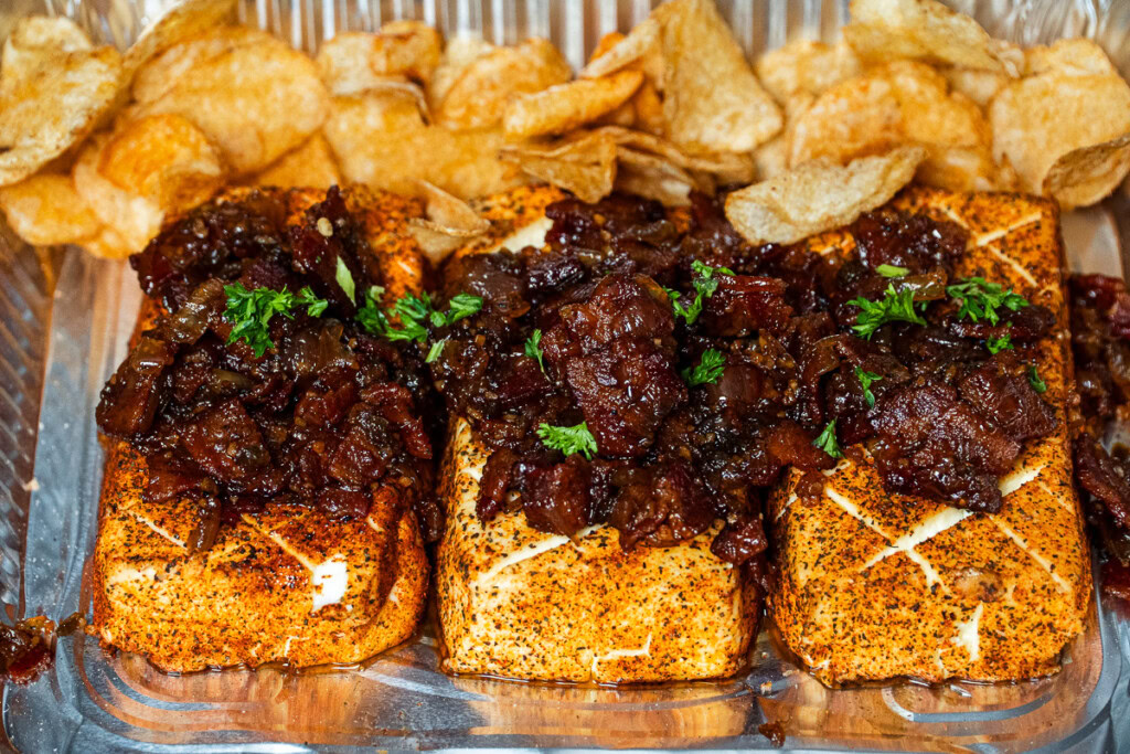 smoked cream cheese with bacon jam and chips