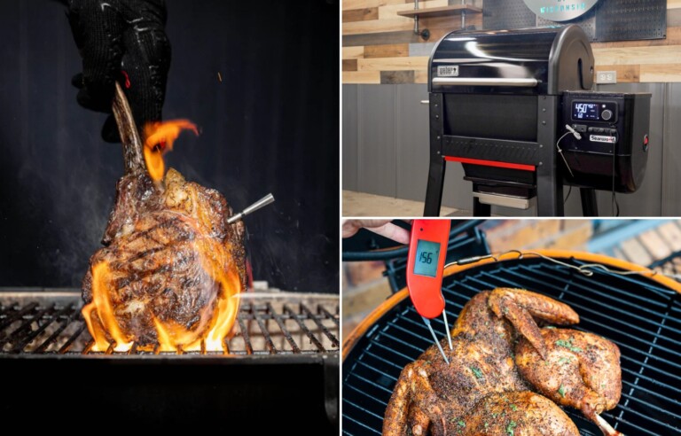 Collage of Black Friday BBQ deals showing a blazing tomahawk steak on the grill, a Weber Searwood pellet grill in a workshop, and a spatchcock chicken being checked with a Thermapen