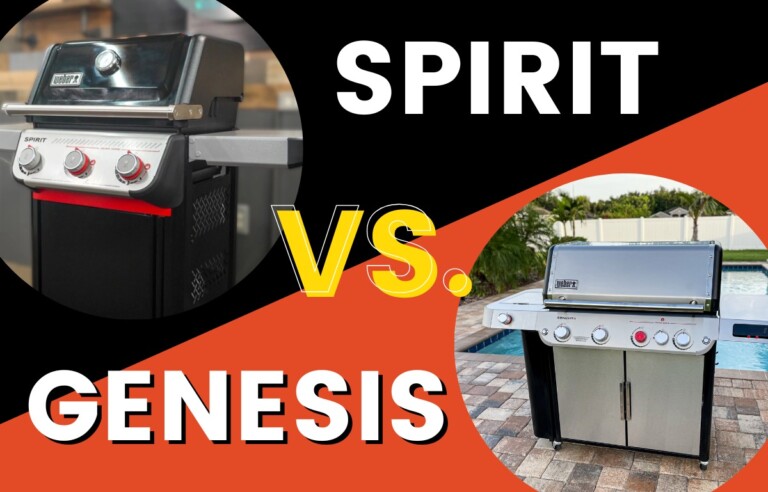 graphic comparing Weber Spirit vs Genesis gas grills, with a close-up of a Weber Spirit grill on the left, a Weber Genesis grill on the right, and large text reading “SPIRIT VS. GENESIS” over a black and orange background