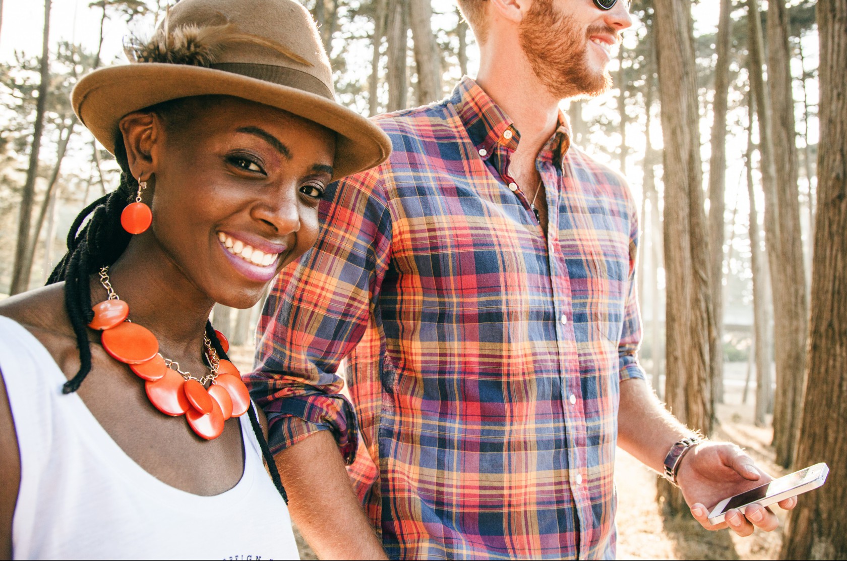 Couple walking in forest