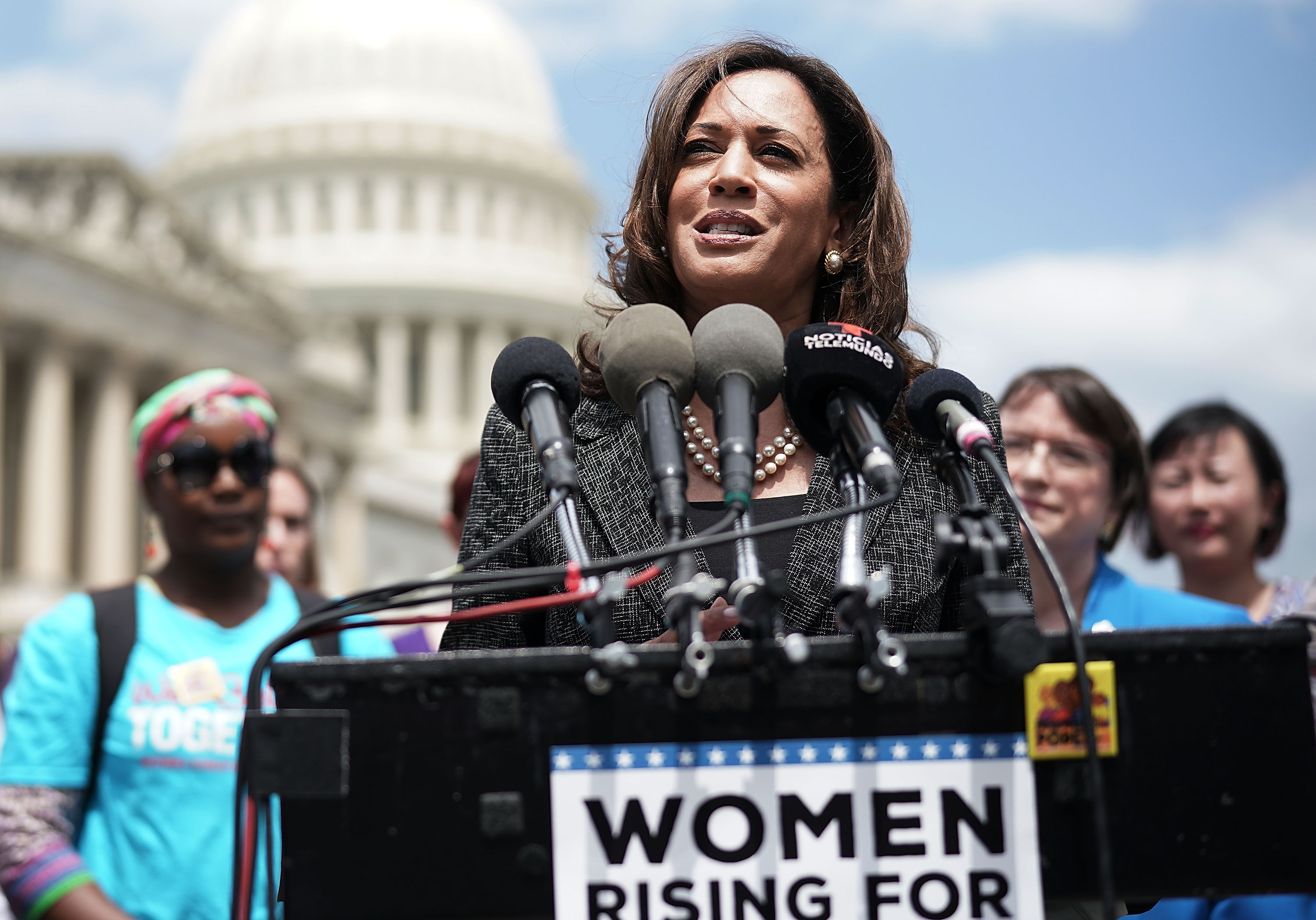 Sen. Kamala Harris Holds News Conference To Support Immigration And Refugee Policies That Protect Rights Of Women And Children