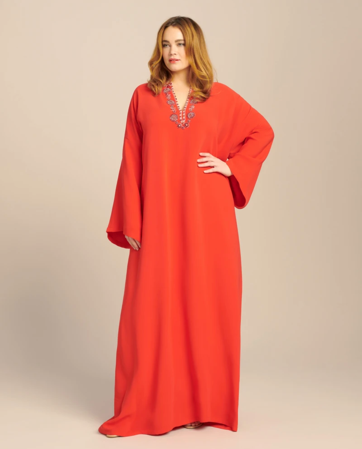 Carolina Herrera Drop Sleeve Embellished Keyhole Caftan
