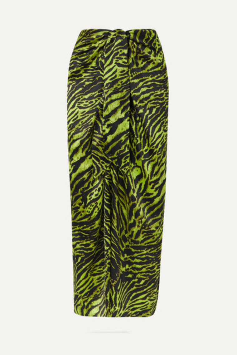 GANNI Tie Front Tiger Print Silk Blend Satin Midi Skirt