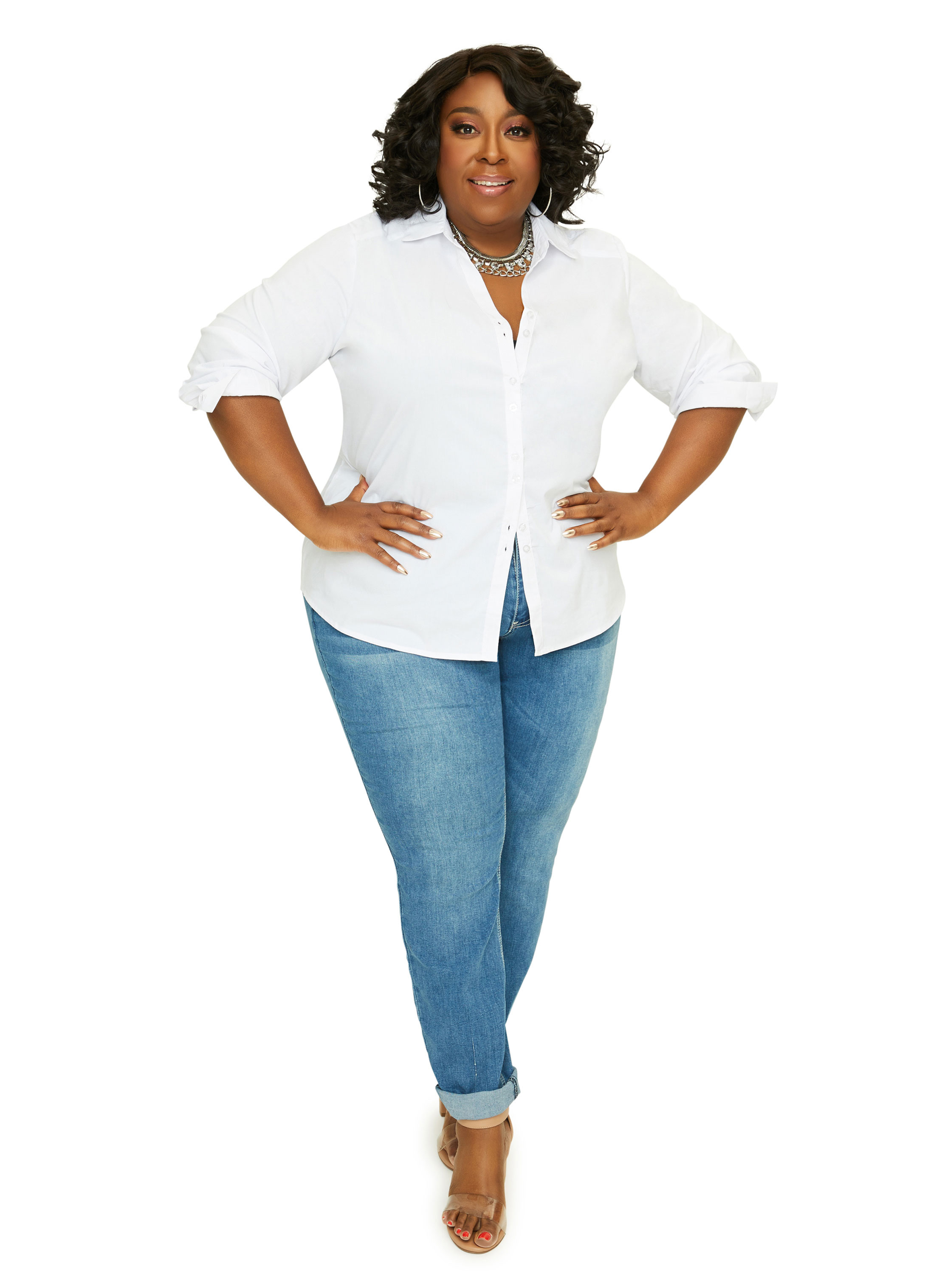 CLASSIC COLLARED BUTTON UP TOP ($39.50), FEARLESS SKINNY JEAN ($44.50)