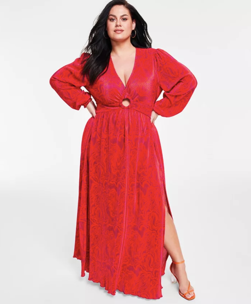 Keyhole Printed Pleated Jersey Maxi Dress