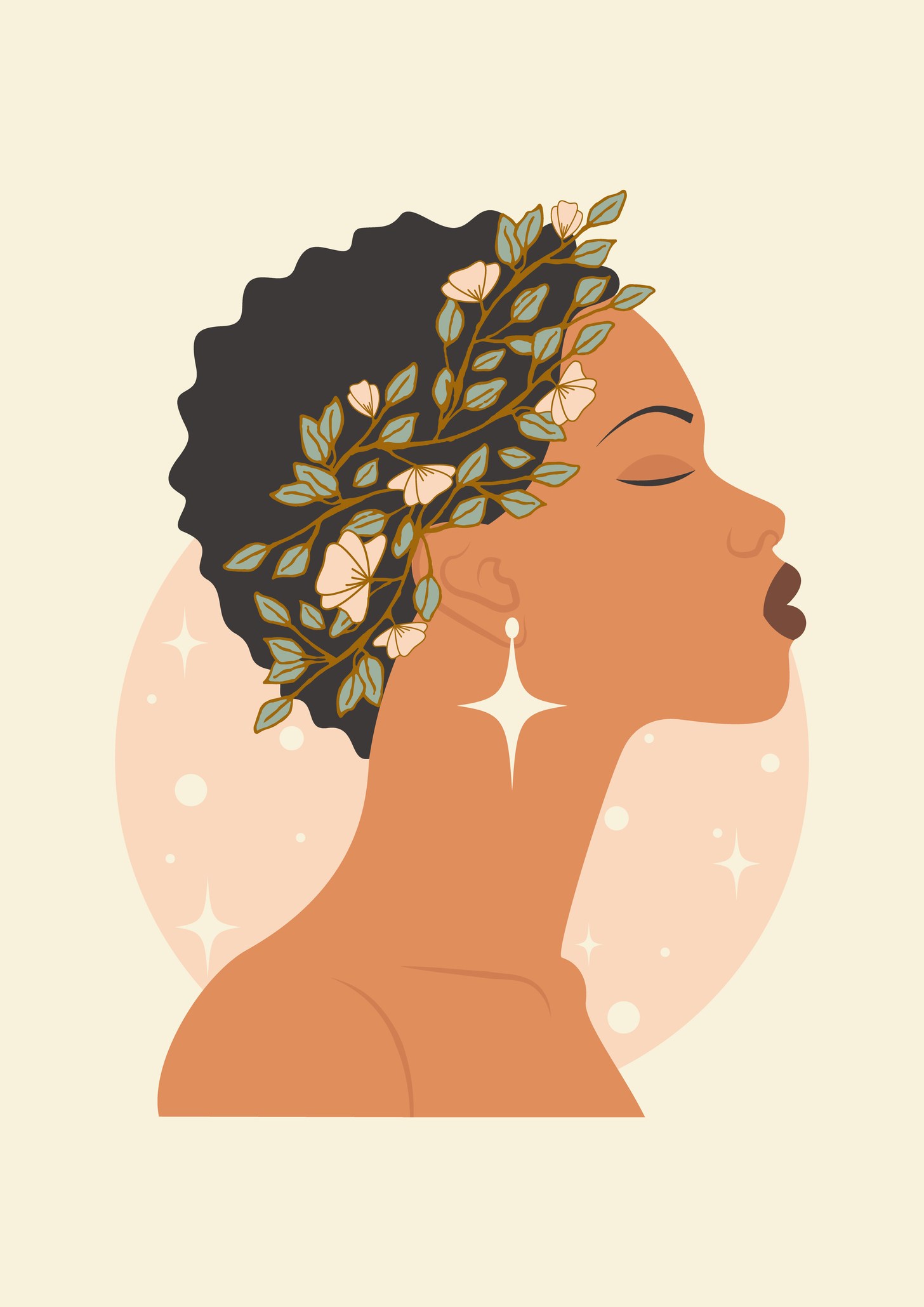 Beautiful woman profile botanical boho illustration print. Floral wreath.