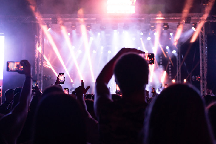 Crowd cheering in front of the stage on the summer night concert