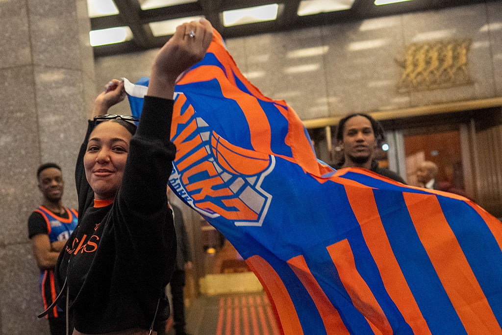 New York Knicks Fans Celebrate The Knicks Sweep Of The Cleveland Cavaliers In The Conference Finals