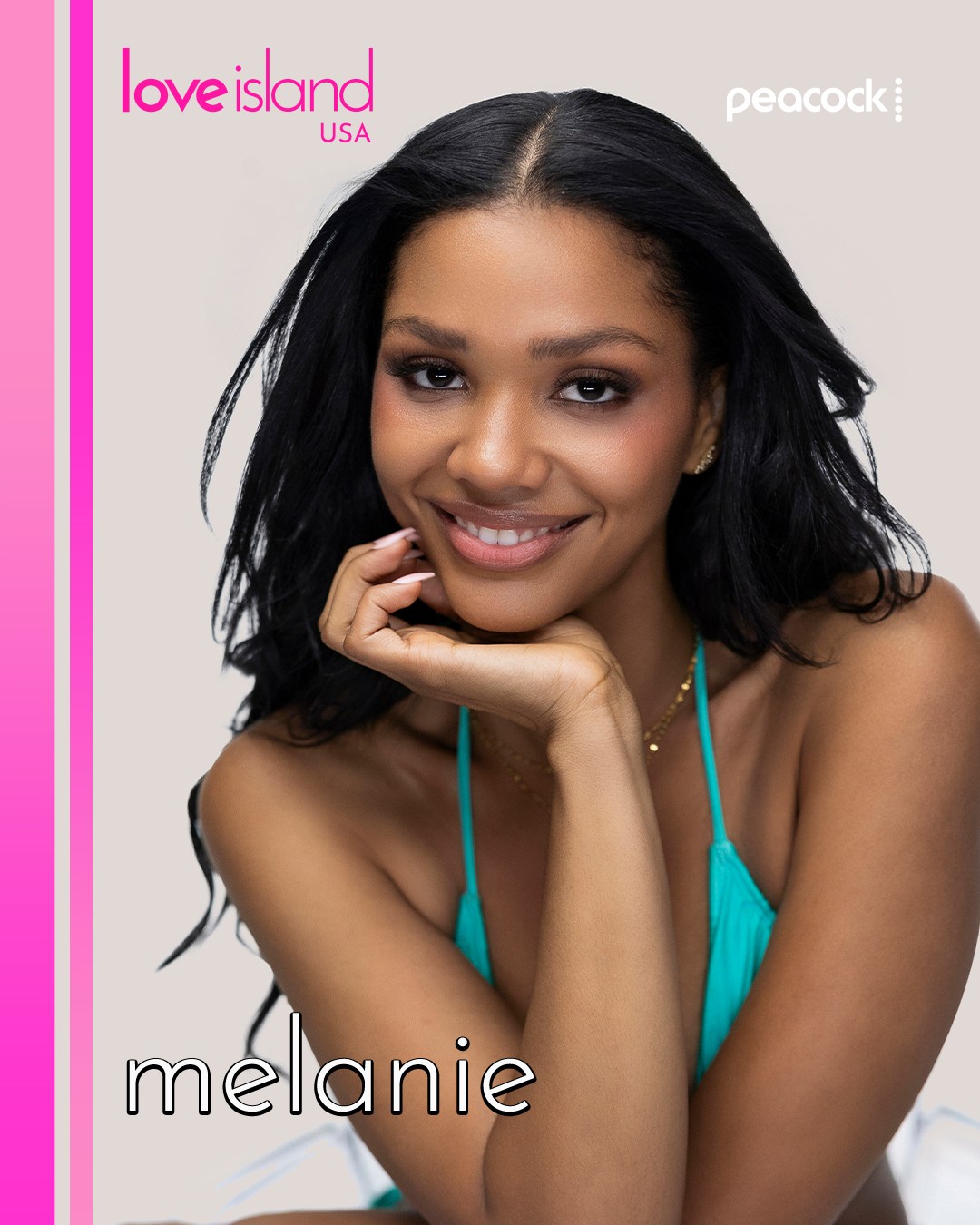 A smiling woman with long dark hair wearing a teal swimsuit top, posing against a pink background with "Love Island USA" and "Peacock" text.