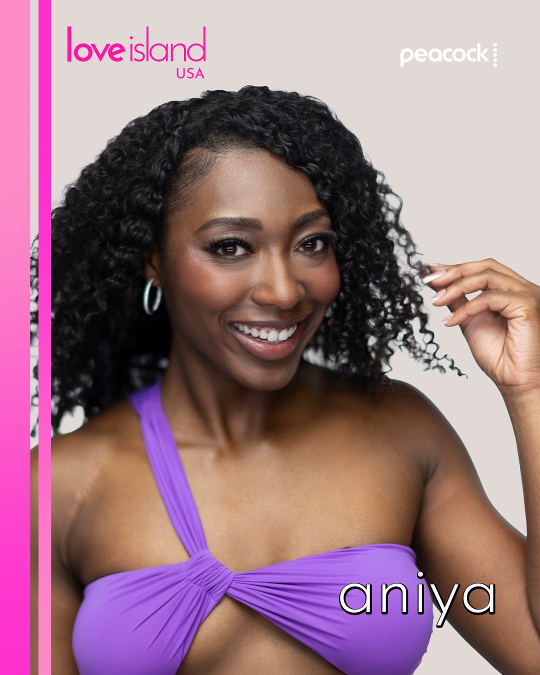 A smiling woman with curly black hair wearing a purple halter top, featured in a promotional image for the reality TV show "Love Island USA" on the Peacock streaming platform.