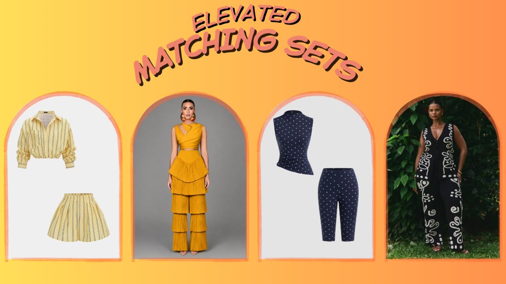Elevated matching sets: yellow tiered dress, navy polka dot top and pants, black and white floral jumpsuit on a yellow background.
