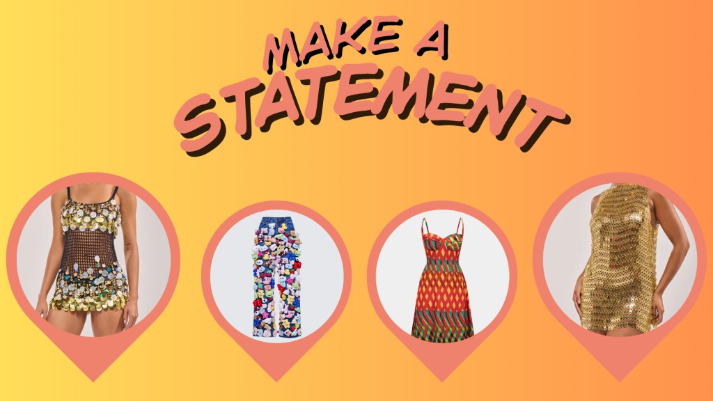 Make a statement - four fashion images featuring colorful, patterned dresses and a gold sequined dress.