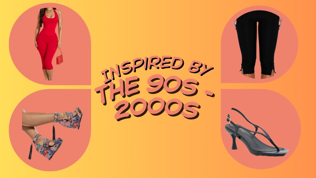 Collage of fashion items inspired by the 90s and 2000s styles, including a red dress, black pants, patterned heels, and a pair of high heels.