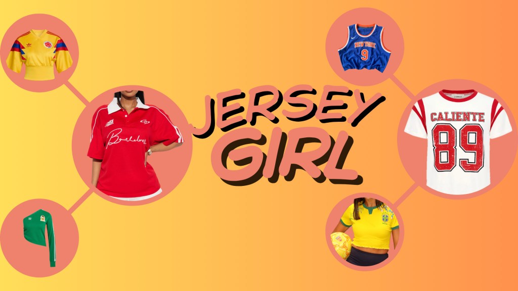 Colorful collage of sports jerseys and apparel, including a red jersey with "Barcelona" text, a blue New York Knicks jersey, and a white jersey with "Caliente 89" text.