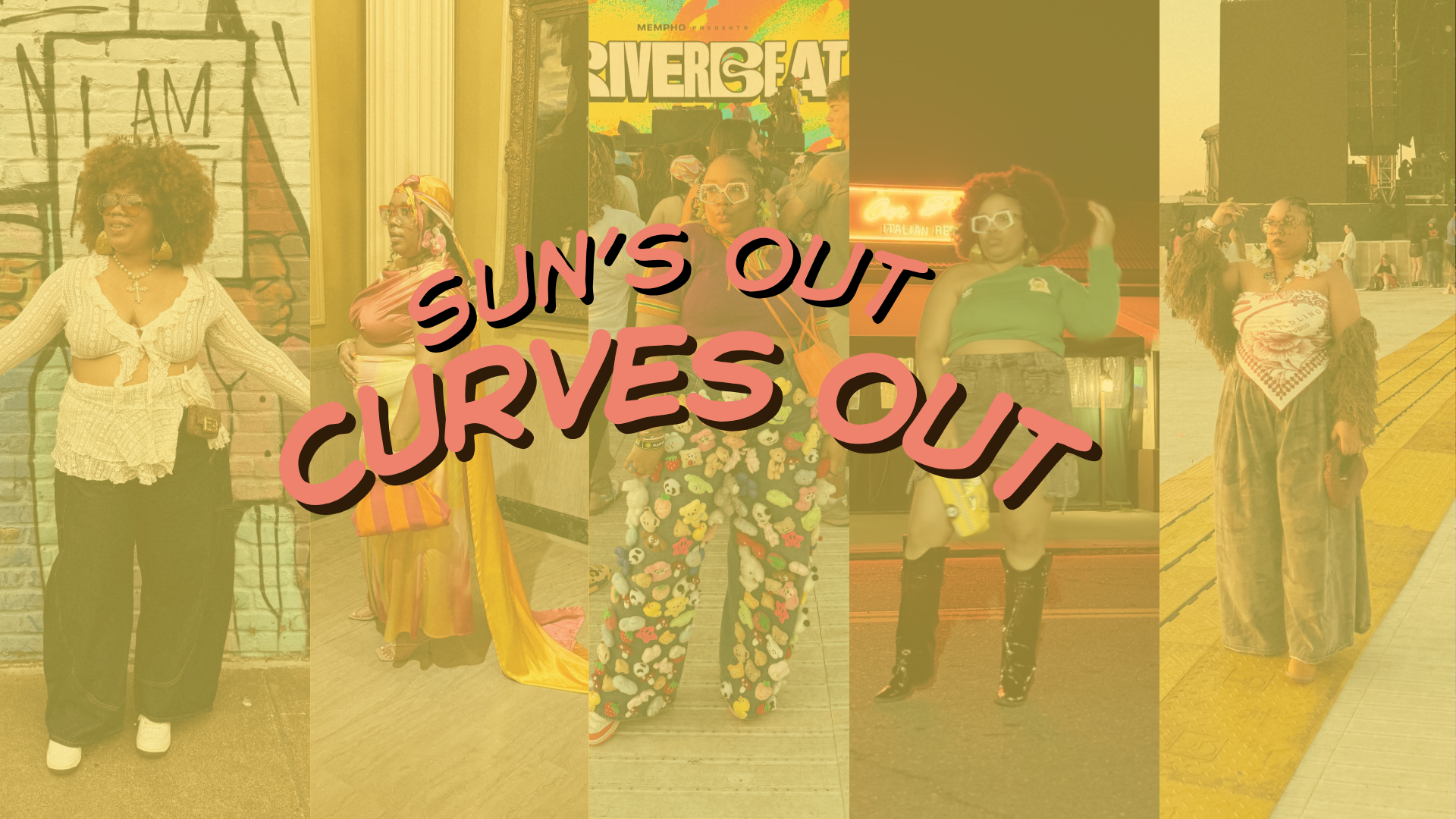 A group of people in colorful, flamboyant outfits posing for a photo with a "Sun's Out Curves Out" sign in the background.