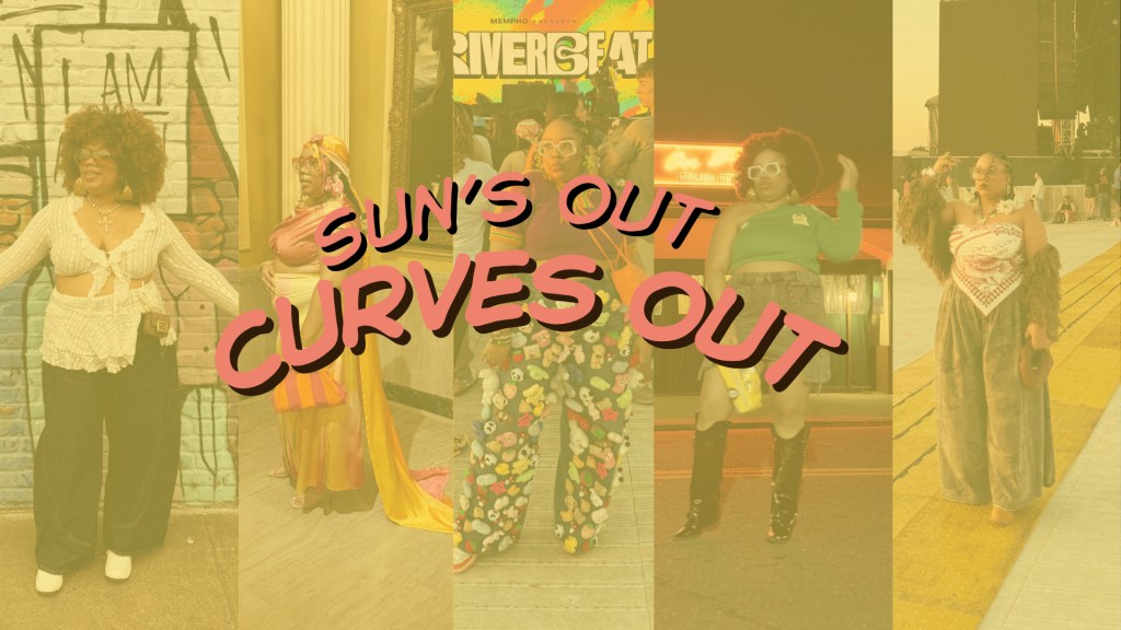 A group of people in colorful, flamboyant outfits posing for a photo with a "Sun's Out Curves Out" sign in the background.