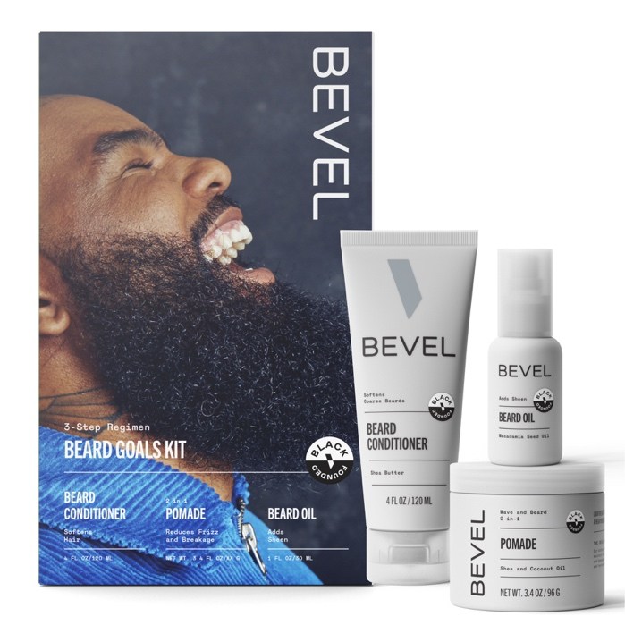 A close-up of a man's face with a full beard, with text and product packaging for a beard care kit by the brand Bevel.