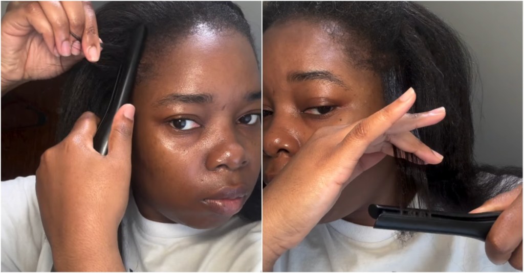 A person with dark skin and long, dark hair using a straightening iron to style their hair.