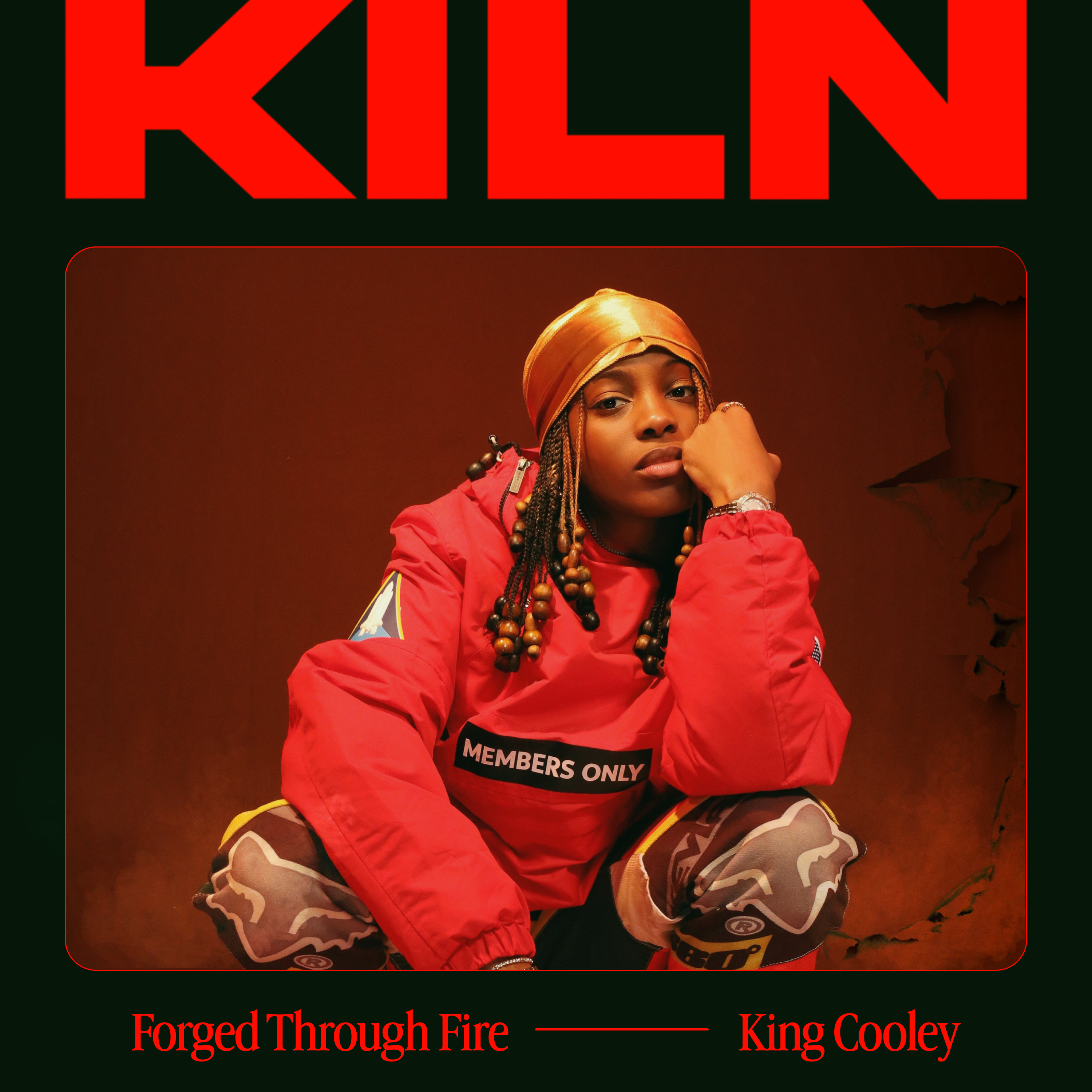 A person wearing a red hooded jacket with "MEMBERS ONLY" printed on it, sitting in a contemplative pose against a red and black background.