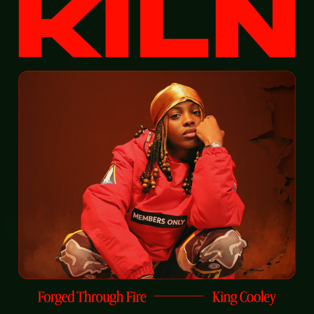A person wearing a red hooded jacket with "MEMBERS ONLY" printed on it, sitting in a contemplative pose against a red and black background.