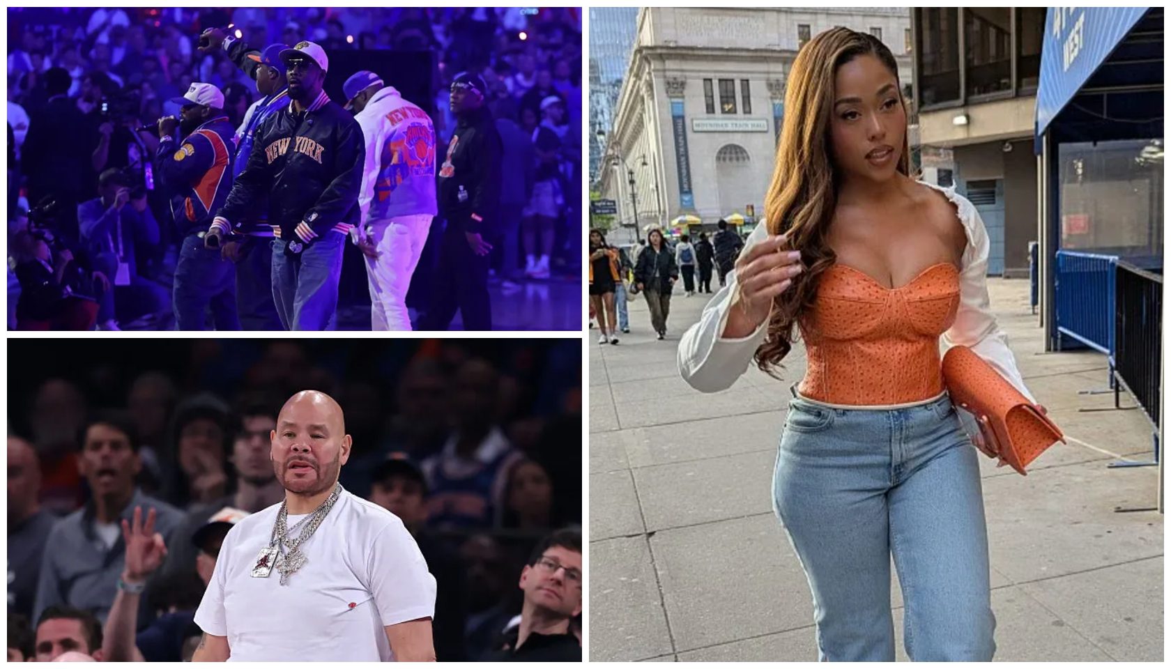 Crowd of people in New York City clothing, a bald man in a white shirt, and a woman in an orange crop top and jeans standing on a city street.