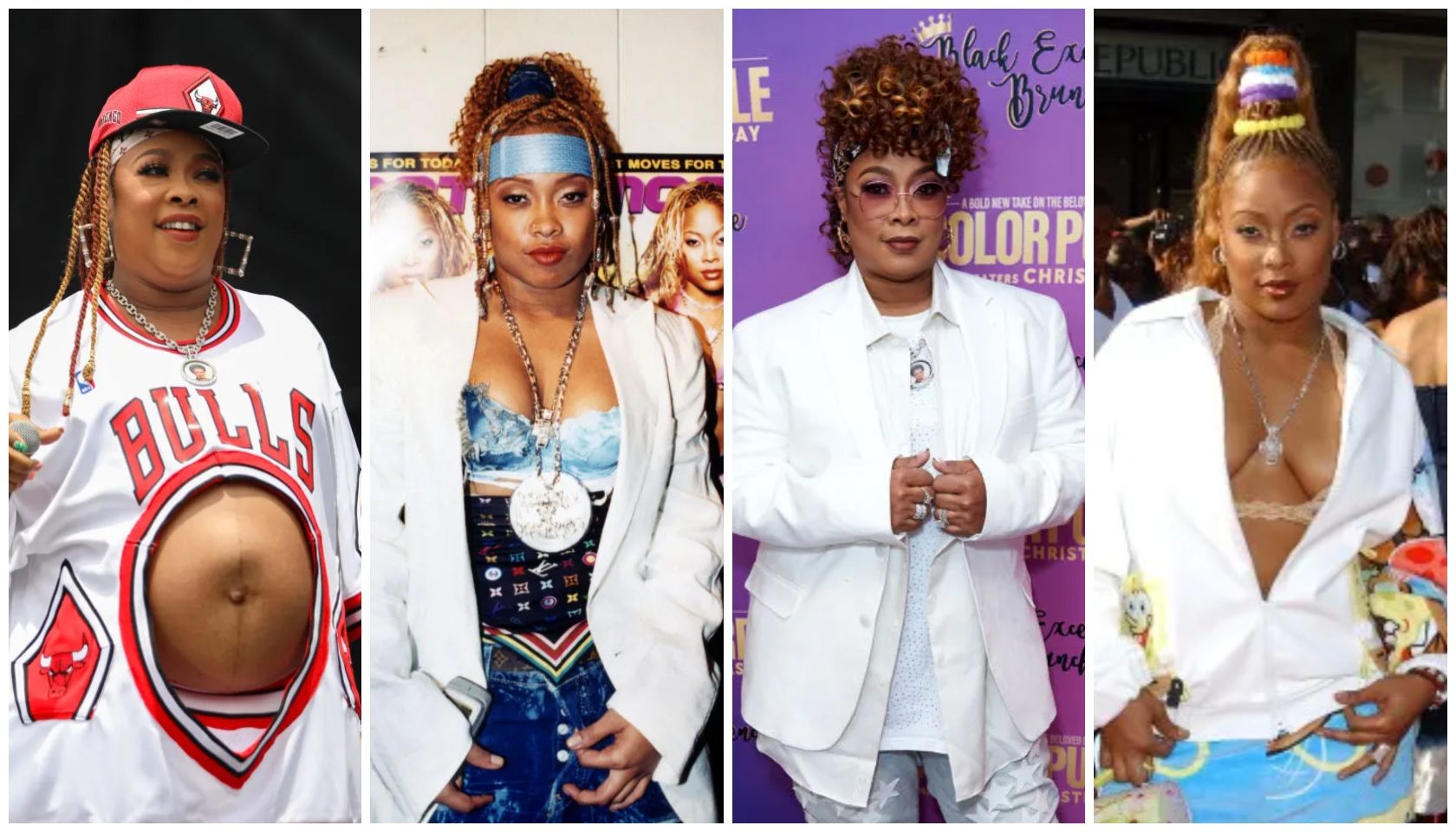 Collage of four images: 1) Woman in Bulls jersey with exposed midriff, 2) Woman with braided hairstyle and colorful outfit, 3) Woman in white suit and sunglasses, 4) Woman in white outfit with colorful accessories.